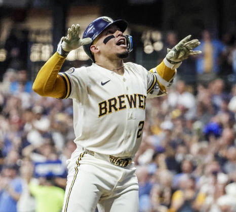 Milwaukee Brewers catcher William Contreras reacts as he runs the bases after hitting a two RBI home run in the second inning of the MLB, Baseball Herren, USA game between the Chicago Cubs and the Milwaukee Brewers at American Family Field in Milwaukee, Wisconsin on Wednesday, September 9, 2026.  MIL20260909815 TANNENxMAURY