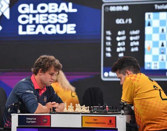 Global Chess League 2026 Magnus Carlsen of Norway, playing for Alpine APL Pipers, competes against Ian Nepomniachtchi of Russia, playing for Ganges Grandmasters, during Match 21 of the Global Chess League 2026 in Bengaluru, India, on September 10, 2026. Bengaluru Karnataka India  Copyright: xRanjithxKumarx originalFilename:kumar-globalch260910_npjgQ.jpg