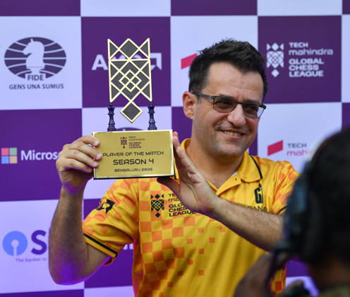 Global Chess League 2026 Levon Aronian of Ganges Grandmasters poses with the Player of the Match trophy after his team s 12-4 win over Alpine APL Pipers during Match 21 of the Global Chess League 2026 in Bengaluru, India, on September 10, 2026. Bengaluru Karnataka India  Copyright: xRanjithxKumarx originalFilename:kumar-globalch260910_npurx.jpg