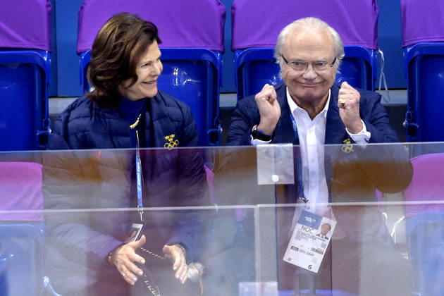 Queen Silvia and King Carl Gustaf in the stands during the ice hockey game between Sweden and Latvia at the Sochi Winter Olympics on February 15, 2014, in Sochi, Russia Copyright: xJoelxMarklundx