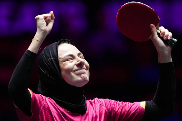 (260911) -- MACAO, Sept. 11, 2026 -- Dina Meshref celebrates during the women s singles round of 16 match between Dina Meshref of Egypt and Lili Zhang of the United States at the 2026 World Table tennis, Tischtennis (WTT) Champions Macao in Macao, south China, Sept. 11, 2026. ) (SP)CHINA-MACAO-TABLE TENNIS-WTT-WOMEN S SINGLES (CN) CheongxKamxKa 