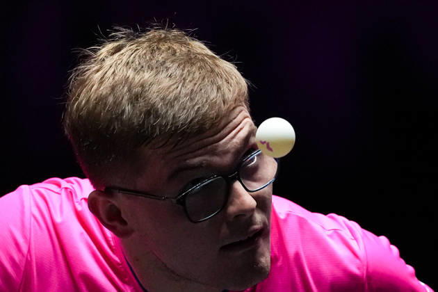 (260911) -- MACAO, Sept. 11, 2026 -- Alexis Lebrun serves during the men s singles round of 16 match between Alexis Lebrun of France and Benedikt Duda of Germany at the 2026 World Table tennis, Tischtennis (WTT) Champions Macao in Macao, south China, Sept. 11, 2026. ) (SP)CHINA-MACAO-TABLE TENNIS-WTT-MEN S SINGLES (CN) CheongxKamxKa