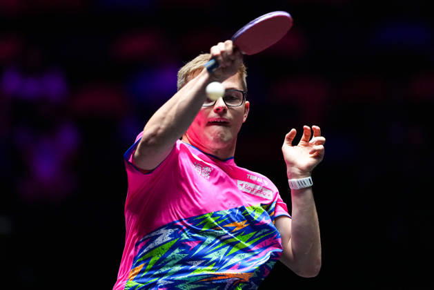 (260911) -- MACAO, Sept. 11, 2026 -- Alexis Lebrun hits a return during the men s singles round of 16 match between Alexis Lebrun of France and Benedikt Duda of Germany at the 2026 World Table tennis, Tischtennis (WTT) Champions Macao in Macao, south China, Sept. 11, 2026. ) (SP)CHINA-MACAO-TABLE TENNIS-WTT-MEN S SINGLES (CN) CheongxKamxKa 