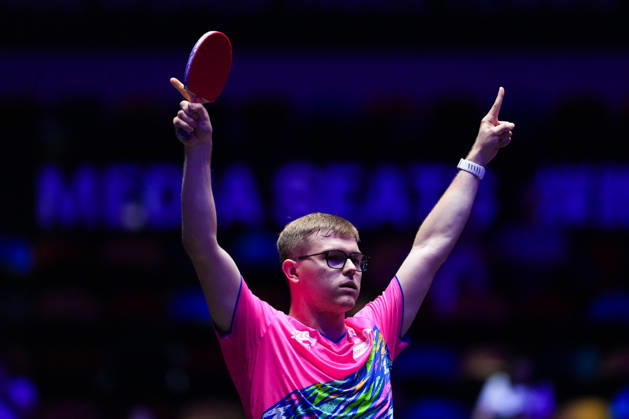 (260911) -- MACAO, Sept. 11, 2026 -- Alexis Lebrun celebrates after the men s singles round of 16 match between Alexis Lebrun of France and Benedikt Duda of Germany at the 2026 World Table tennis, Tischtennis (WTT) Champions Macao in Macao, south China, Sept. 11, 2026. ) (SP)CHINA-MACAO-TABLE TENNIS-WTT-MEN S SINGLES (CN) CheongxKamxKa 
