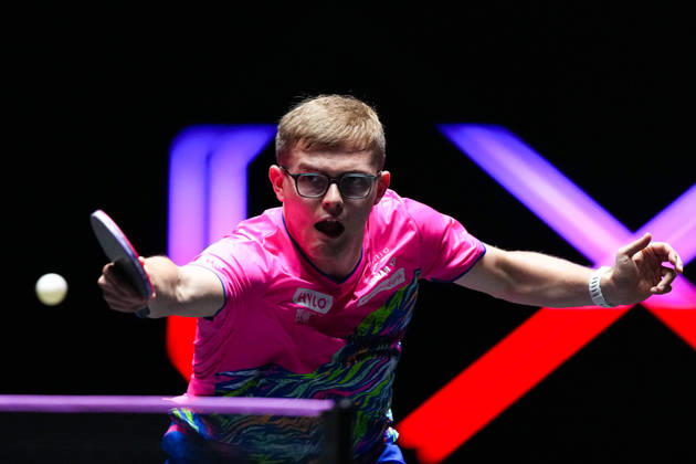 (260911) -- MACAO, Sept. 11, 2026 -- Alexis Lebrun hits a return during the men s singles round of 16 match between Alexis Lebrun of France and Benedikt Duda of Germany at the 2026 World Table tennis, Tischtennis (WTT) Champions Macao in Macao, south China, Sept. 11, 2026. ) (SP)CHINA-MACAO-TABLE TENNIS-WTT-MEN S SINGLES (CN) CheongxKamxKa 