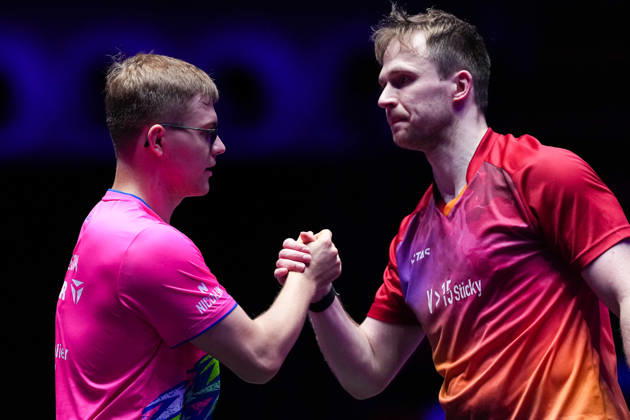(260911) -- MACAO, Sept. 11, 2026 -- Alexis Lebrun (L) of France and Benedikt Duda of Germany shake hands after the men s singles round of 16 match between Alexis Lebrun of France and Benedikt Duda of Germany at the 2026 World Table tennis, Tischtennis (WTT) Champions Macao in Macao, south China, Sept. 11, 2026. ) (SP)CHINA-MACAO-TABLE TENNIS-WTT-MEN S SINGLES (CN) CheongxKamxKa 