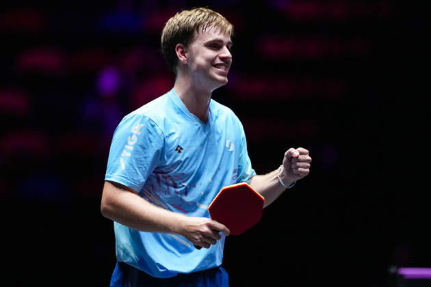 (260911) -- MACAO, Sept. 11, 2026 -- Truls Moregard celebrates after the men s singles round of 16 match between Togami Shunsuke of Japan and Truls Moregard of Sweden at the 2026 World Table tennis, Tischtennis (WTT) Champions Macao in Macao, south China, Sept. 11, 2026. ) (SP)CHINA-MACAO-TABLE TENNIS-WTT-MEN S SINGLES (CN) CheongxKamxKa 