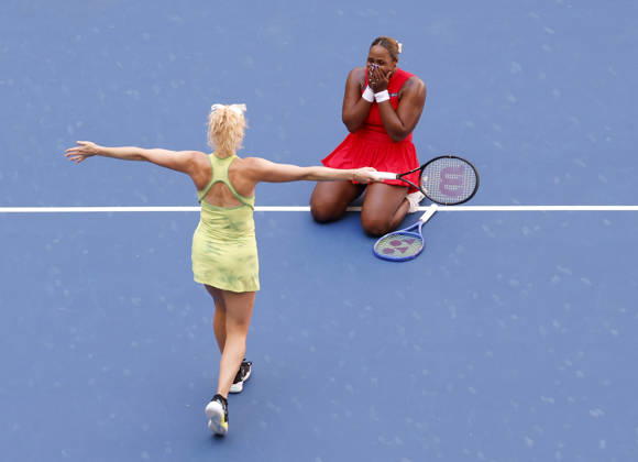 Katerina Siniakova of Czechia and Taylor Townsend (R) celebrate after winning the Women s Doubles Final in Arthur Ashe Stadium at the 2026 US Open Tennis Championship at the USTA Billie Jean King National Tennis Center in New York City on Friday, September 11, 2026. They defeated Robin Montgomery and Ashlyn Krueger 5-7, 6-0, 6-2.  NYP20260911803 JOHNxANGELILLO