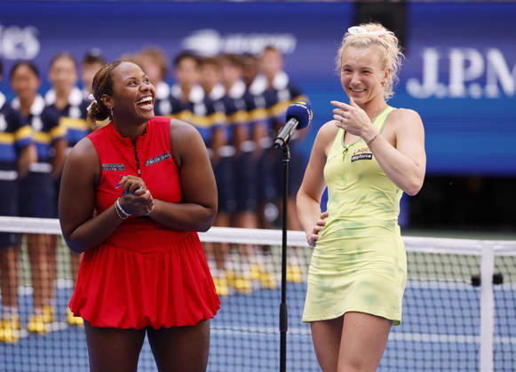 Katerina Siniakova of Czechia (R) and Taylor Townsend celebrate after winning the Women s Doubles Final in Arthur Ashe Stadium at the 2026 US Open Tennis Championship at the USTA Billie Jean King National Tennis Center in New York City on Friday, September 11, 2026. They defeated Robin Montgomery and Ashlyn Krueger 5-7, 6-0, 6-2.  NYP20260911805 JOHNxANGELILLO