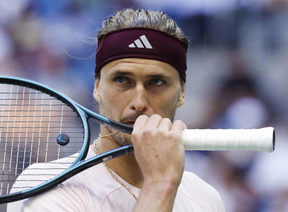 Alexander Zverev of Germany reacts during the third set of his Men s semifinal match against Karen Khachanov in Arthur Ashe Stadium at the 2026 US Open Tennis Championship at the USTA Billie Jean King National Tennis Center in New York City on Friday, September 11, 2026.  NYP20260911831 JOHNxANGELILLO
