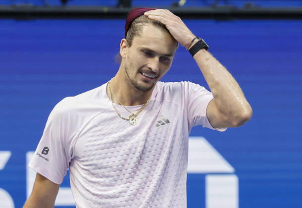 Alexander Zverev of Germany reacts after defeating Karen Khachanov in their Men s semifinal in Arthur Ashe Stadium at the 2026 US Open Tennis Championship at the USTA Billie Jean King National Tennis Center in New York City on Friday, September 11, 2026. Zverev won the match in three sets with a score of 6-3, 7-6, 7-6.  NYP20260911840 JOHNxANGELILLO