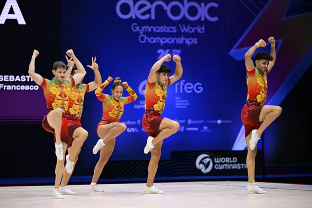 IPA88432240 - Marcello PATTERI Davide NACCI Sara CUTINI Matteo FALERA Francesco SEBASTIO (ITA) at the 19th World Aerobic Gymnastics Championships, held in Pamplona, Spain, on September 12, 2026  Copyright: xFilippoxTomasi IPAxSportx xx IPA88432240