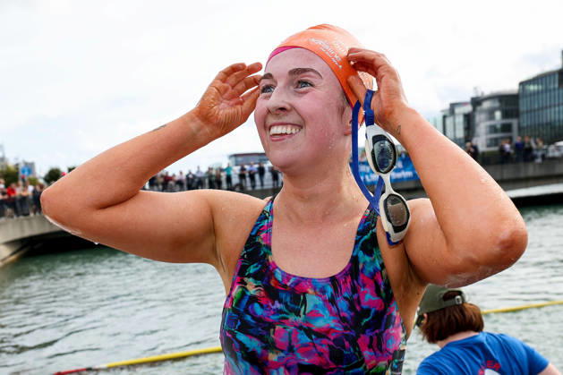 REPRO FREE *PRESS RELEASE NO REPRODUCTION FEE* EDITORIAL USE ONLY 106th Dublin City Liffey Swim 2026, River Liffey, Dublin 12 9 2026 Sadhbh Byrne celebrates after winning the women™s race Sadhbh Byrne celebrates after winning the women™s race 12 9 2026  Copyright: xx RB2_6979