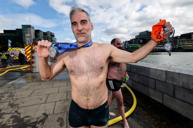 REPRO FREE *PRESS RELEASE NO REPRODUCTION FEE* EDITORIAL USE ONLY 106th Dublin City Liffey Swim 2026, River Liffey, Dublin 12 9 2026 Jamie Carpenter celebrates after winning the men™s race Jamie Carpenter celebrates after winning the men™s race 12 9 2026  Copyright: xx RB2_7776