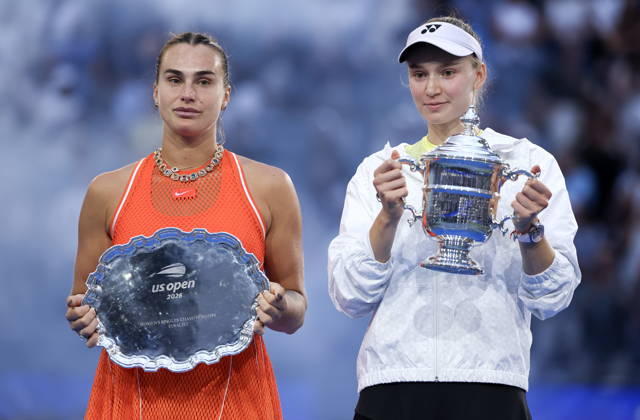 US Open tennis tournament - Day 14 epaselect Elena Rybakina (R) of Kazakhstan poses with the Champions trophy next to Aryna Sabalenka of Belarus after winning the Women’s Singles Finals of the US Open Tennis Championships in Flushing Meadows, New York, USA, 12 September 2026. FLUSHING MEADOWS NEW YORK United States  Copyright: xSARAHxYENESELx