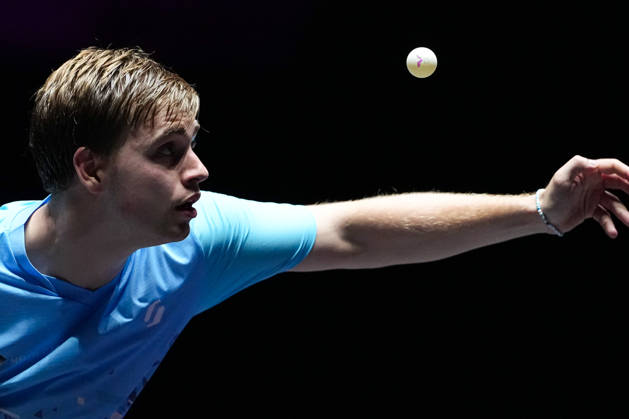 (260913) -- MACAO, Sept. 13, 2026 -- Truls Moregard competes during the men s singles semifinal match between Truls Moregard of Sweden and Harimoto Tomokazu of Japan at the 2026 World Table tennis, Tischtennis (WTT) Champions Macao in Macao, south China, Sept. 13, 2026. ) (SP)CHINA-MACAO-TABLE TENNIS-WTT-MEN S SINGLES (CN) CheongxKamxKa 