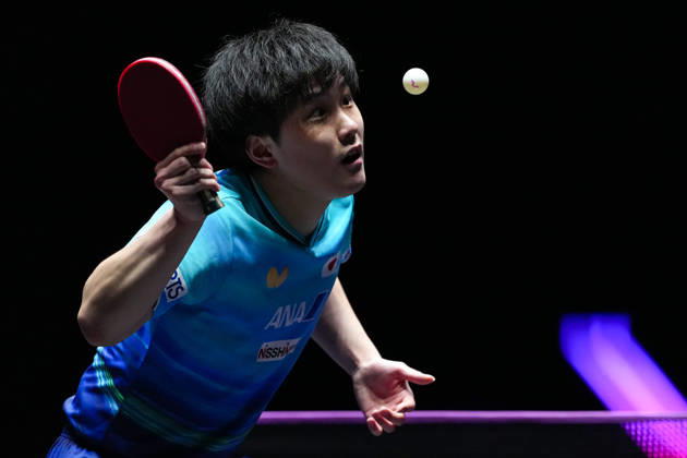 (260913) -- MACAO, Sept. 13, 2026 -- Harimoto Tomokazu serves during the men s singles semifinal match between Truls Moregard of Sweden and Harimoto Tomokazu of Japan at the 2026 World Table tennis, Tischtennis (WTT) Champions Macao in Macao, south China, Sept. 13, 2026. ) (SP)CHINA-MACAO-TABLE TENNIS-WTT-MEN S SINGLES (CN) CheongxKamxKa 