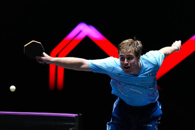 (260913) -- MACAO, Sept. 13, 2026 -- Truls Moregard competes during the men s singles semifinal match between Truls Moregard of Sweden and Harimoto Tomokazu of Japan at the 2026 World Table tennis, Tischtennis (WTT) Champions Macao in Macao, south China, Sept. 13, 2026. ) (SP)CHINA-MACAO-TABLE TENNIS-WTT-MEN S SINGLES (CN) CheongxKamxKa 