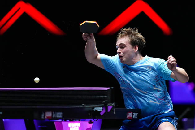 (260913) -- MACAO, Sept. 13, 2026 -- Truls Moregard competes during the men s singles semifinal match between Truls Moregard of Sweden and Harimoto Tomokazu of Japan at the 2026 World Table tennis, Tischtennis (WTT) Champions Macao in Macao, south China, Sept. 13, 2026. ) (SP)CHINA-MACAO-TABLE TENNIS-WTT-MEN S SINGLES (CN) CheongxKamxKa 