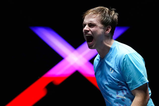 (260913) -- MACAO, Sept. 13, 2026 -- Truls Moregard celebrates scoring during the men s singles semifinal match between Truls Moregard of Sweden and Harimoto Tomokazu of Japan at the 2026 World Table tennis, Tischtennis (WTT) Champions Macao in Macao, south China, Sept. 13, 2026. ) (SP)CHINA-MACAO-TABLE TENNIS-WTT-MEN S SINGLES (CN) CheongxKamxKa 