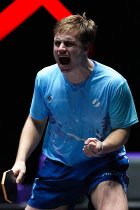(260913) -- MACAO, Sept. 13, 2026 -- Truls Moregard celebrates scoring during the men s singles semifinal match between Truls Moregard of Sweden and Harimoto Tomokazu of Japan at the 2026 World Table tennis, Tischtennis (WTT) Champions Macao in Macao, south China, Sept. 13, 2026. ) (SP)CHINA-MACAO-TABLE TENNIS-WTT-MEN S SINGLES (CN) CheongxKamxKa 
