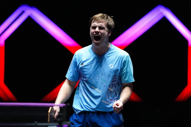(260913) -- MACAO, Sept. 13, 2026 -- Truls Moregard celebrates scoring during the men s singles semifinal match between Truls Moregard of Sweden and Harimoto Tomokazu of Japan at the 2026 World Table tennis, Tischtennis (WTT) Champions Macao in Macao, south China, Sept. 13, 2026. ) (SP)CHINA-MACAO-TABLE TENNIS-WTT-MEN S SINGLES (CN) CheongxKamxKa 