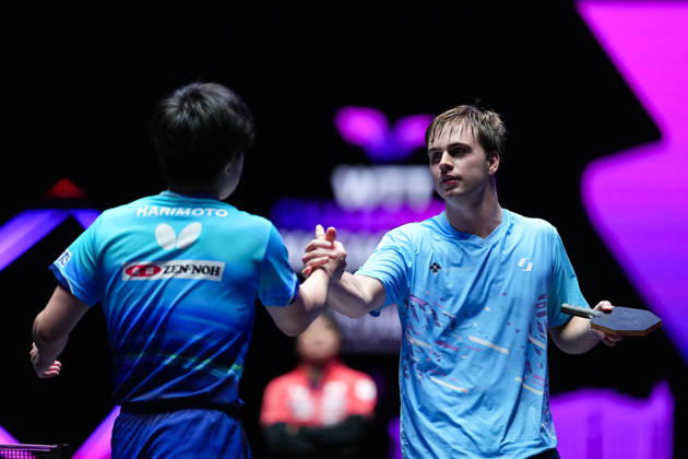 (260913) -- MACAO, Sept. 13, 2026 -- Truls Moregard (R) of Sweden and Harimoto Tomokazu of Japan shake hands after their men s singles semifinal match at the 2026 World Table tennis, Tischtennis (WTT) Champions Macao in Macao, south China, Sept. 13, 2026. ) (SP)CHINA-MACAO-TABLE TENNIS-WTT-MEN S SINGLES (CN) CheongxKamxKa 