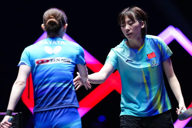 (260913) -- MACAO, Sept. 13, 2026 -- Chen Yi (R) of China and Hayata Hina of Japan shake hands after their women s singles semifinal match at the 2026 World Table tennis, Tischtennis (WTT) Champions Macao in Macao, south China, Sept. 13, 2026. ) (SP)CHINA-MACAO-TABLE TENNIS-WTT-WOMEN S SINGLES (CN) CheongxKamxKa 