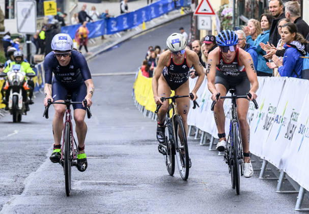 Triathlon World Championship, WM, Weltmeisterschaft races, women, September 13, 2026, Karlovy Vary, Czech Republic. (L-R) Georgia Taylor-Brown of Britain, Taylor Spivey of USA and Therese Feuersinger of Austria. (CTKxPhoto OndrejxHajek) CTKPhotoP2026091302839  CTKPhotoP2026091302839