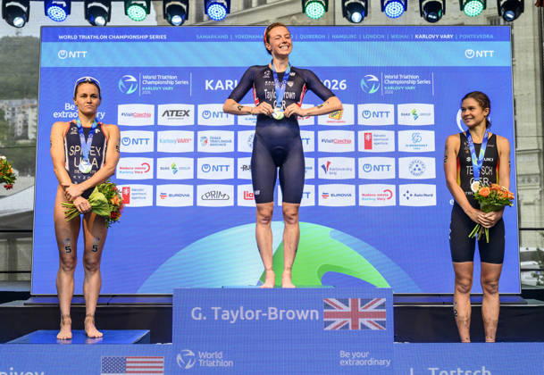 Triathlon World Championship, WM, Weltmeisterschaft races, women, September 13, 2026, Karlovy Vary, Czech Republic. (L-R) Second placed Taylor Spivey of USA, winner Georgia Taylor-Brown of Britain and third placed Lisa Tertsch of Germany. (CTKxPhoto OndrejxHajek) CTKPhotoP2026091302913  CTKPhotoP2026091302913