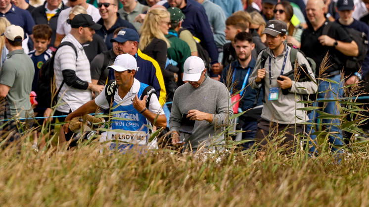 2026 Amgen Irish Open - Fourth Round, Trump International Golf Links, Doonbeg 13 9 2026 Rory McIlroy walks off the seventeenth tee box with Caddie Harry Diamond Rory McIlroy walks off the seventeenth tee box with Harry Diamond 13 9 2026  Copyright: xx BB3_9341