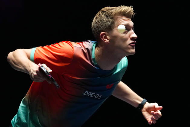 (260913) -- MACAO, Sept. 13, 2026 -- Anton Kallberg competes during the men s singles semifinal match between Hugo Calderano of Brazil and Anton Kallberg of Sweden at the 2026 World Table tennis, Tischtennis (WTT) Champions Macao in Macao, south China, Sept. 13, 2026. ) (SP)CHINA-MACAO-TABLE TENNIS-WTT-MEN S SINGLES (CN) CheongxKamxKa 