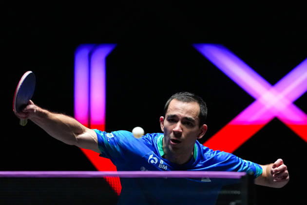 (260913) -- MACAO, Sept. 13, 2026 -- Hugo Calderano competes during the men s singles semifinal match between Hugo Calderano of Brazil and Anton Kallberg of Sweden at the 2026 World Table tennis, Tischtennis (WTT) Champions Macao in Macao, south China, Sept. 13, 2026. ) (SP)CHINA-MACAO-TABLE TENNIS-WTT-MEN S SINGLES (CN) CheongxKamxKa 