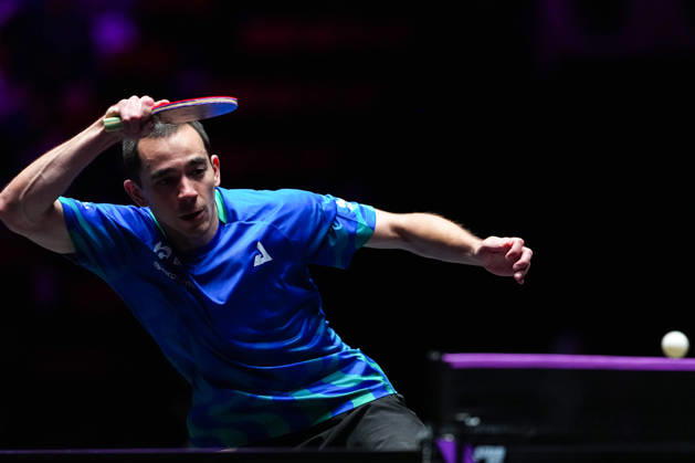 (260913) -- MACAO, Sept. 13, 2026 -- Hugo Calderano competes during the men s singles semifinal match between Hugo Calderano of Brazil and Anton Kallberg of Sweden at the 2026 World Table tennis, Tischtennis (WTT) Champions Macao in Macao, south China, Sept. 13, 2026. ) (SP)CHINA-MACAO-TABLE TENNIS-WTT-MEN S SINGLES (CN) CheongxKamxKa 