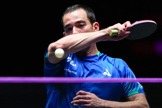 (260913) -- MACAO, Sept. 13, 2026 -- Hugo Calderano competes during the men s singles semifinal match between Hugo Calderano of Brazil and Anton Kallberg of Sweden at the 2026 World Table tennis, Tischtennis (WTT) Champions Macao in Macao, south China, Sept. 13, 2026. ) (SP)CHINA-MACAO-TABLE TENNIS-WTT-MEN S SINGLES (CN) CheongxKamxKa 