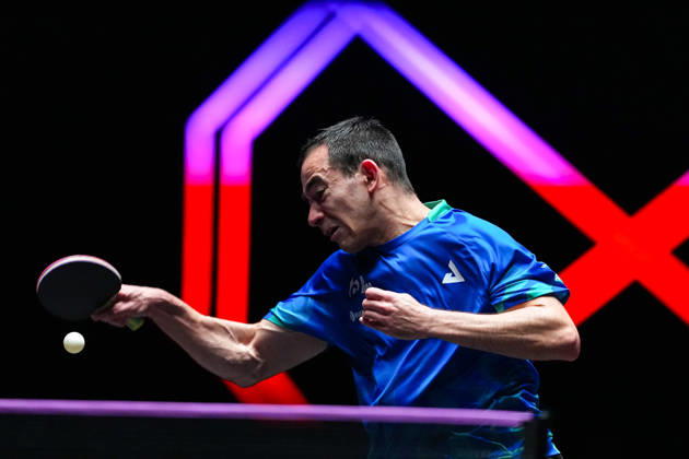 (260913) -- MACAO, Sept. 13, 2026 -- Hugo Calderano competes during the men s singles semifinal match between Hugo Calderano of Brazil and Anton Kallberg of Sweden at the 2026 World Table tennis, Tischtennis (WTT) Champions Macao in Macao, south China, Sept. 13, 2026. ) (SP)CHINA-MACAO-TABLE TENNIS-WTT-MEN S SINGLES (CN) CheongxKamxKa 
