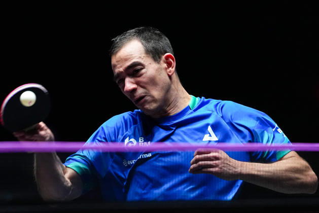 (260913) -- MACAO, Sept. 13, 2026 -- Hugo Calderano competes during the men s singles semifinal match between Hugo Calderano of Brazil and Anton Kallberg of Sweden at the 2026 World Table tennis, Tischtennis (WTT) Champions Macao in Macao, south China, Sept. 13, 2026. ) (SP)CHINA-MACAO-TABLE TENNIS-WTT-MEN S SINGLES (CN) CheongxKamxKa 