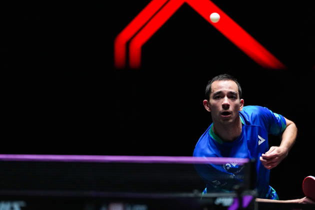 (260913) -- MACAO, Sept. 13, 2026 -- Hugo Calderano competes during the men s singles semifinal match between Hugo Calderano of Brazil and Anton Kallberg of Sweden at the 2026 World Table tennis, Tischtennis (WTT) Champions Macao in Macao, south China, Sept. 13, 2026. ) (SP)CHINA-MACAO-TABLE TENNIS-WTT-MEN S SINGLES (CN) CheongxKamxKa 