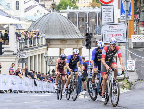 Triathlon World Championship, WM, Weltmeisterschaft races, men, September 13, 2026, Karlovy Vary, Czech Republic. From right Tjebbe Kaindl of Austria, Leo Bergere and Dorian Coninx of France and Mark Devay of Hungary. (CTKxPhoto OndrejxHajek) CTKPhotoP2026091304523  CTKPhotoP2026091304523