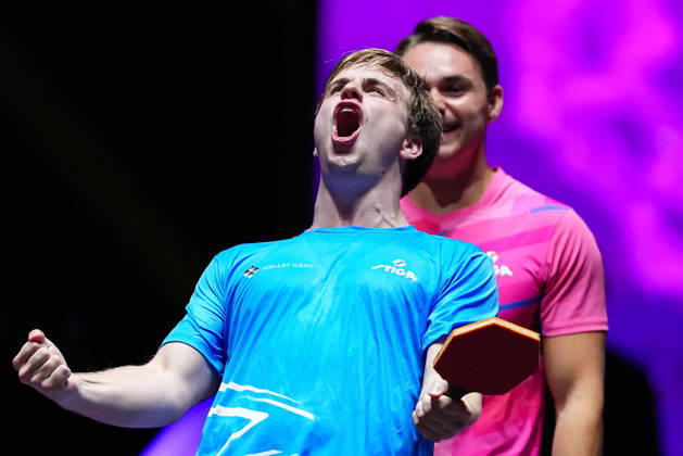 (260913) -- MACAO, Sept. 13, 2026 -- Truls Moregard celebrates after the men s singles final match between Hugo Calderano of Brazil and Truls Moregard of Sweden at the 2026 World Table tennis, Tischtennis (WTT) Champions Macao in Macao, south China, Sept. 13, 2026. ) (SP)CHINA-MACAO-TABLE TENNIS-WTT-MEN S SINGLES-FINAL (CN) CheongxKamxKa 