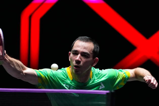 (260913) -- MACAO, Sept. 13, 2026 -- Hugo Calderano hits a return during the men s singles final match between Hugo Calderano of Brazil and Truls Moregard of Sweden at the 2026 World Table tennis, Tischtennis (WTT) Champions Macao in Macao, south China, Sept. 13, 2026. ) (SP)CHINA-MACAO-TABLE TENNIS-WTT-MEN S SINGLES-FINAL (CN) CheongxKamxKa 