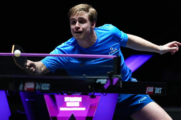 (260913) -- MACAO, Sept. 13, 2026 -- Truls Moregard hits a return during the men s singles final match between Hugo Calderano of Brazil and Truls Moregard of Sweden at the 2026 World Table tennis, Tischtennis (WTT) Champions Macao in Macao, south China, Sept. 13, 2026. ) (SP)CHINA-MACAO-TABLE TENNIS-WTT-MEN S SINGLES-FINAL (CN) CheongxKamxKa 