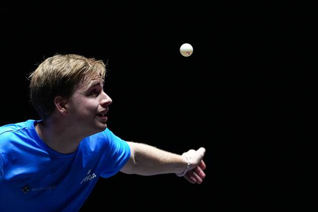 (260913) -- MACAO, Sept. 13, 2026 -- Truls Moregard serves during the men s singles final match between Hugo Calderano of Brazil and Truls Moregard of Sweden at the 2026 World Table tennis, Tischtennis (WTT) Champions Macao in Macao, south China, Sept. 13, 2026. ) (SP)CHINA-MACAO-TABLE TENNIS-WTT-MEN S SINGLES-FINAL (CN) CheongxKamxKa 