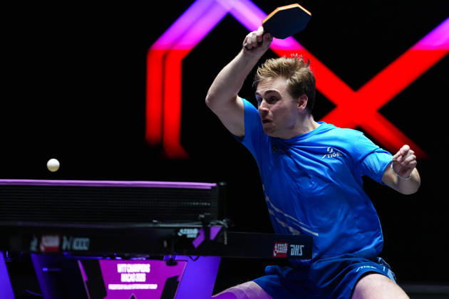 (260913) -- MACAO, Sept. 13, 2026 -- Truls Moregard hits a return during the men s singles final match between Hugo Calderano of Brazil and Truls Moregard of Sweden at the 2026 World Table tennis, Tischtennis (WTT) Champions Macao in Macao, south China, Sept. 13, 2026. ) (SP)CHINA-MACAO-TABLE TENNIS-WTT-MEN S SINGLES-FINAL (CN) CheongxKamxKa 