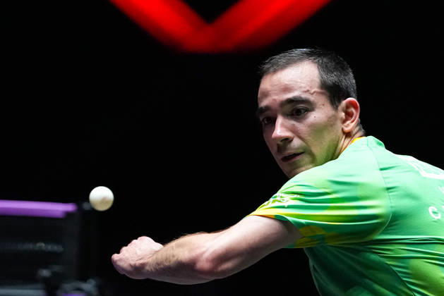 (260913) -- MACAO, Sept. 13, 2026 -- Hugo Calderano hits a return during the men s singles final match between Hugo Calderano of Brazil and Truls Moregard of Sweden at the 2026 World Table tennis, Tischtennis (WTT) Champions Macao in Macao, south China, Sept. 13, 2026. ) (SP)CHINA-MACAO-TABLE TENNIS-WTT-MEN S SINGLES-FINAL (CN) CheongxKamxKa 