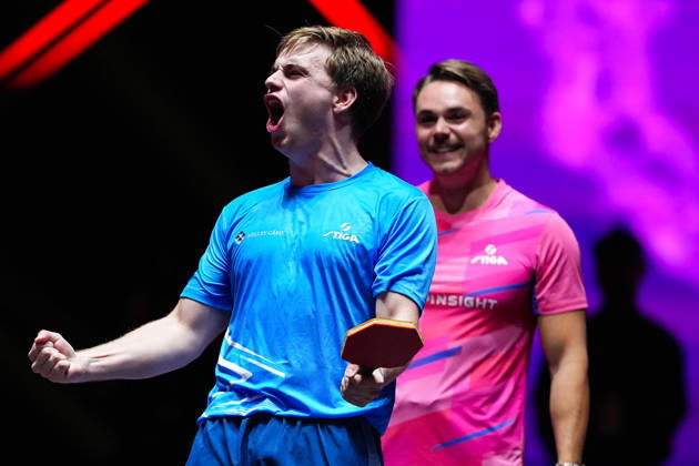 (260913) -- MACAO, Sept. 13, 2026 -- Truls Moregard celebrates after the men s singles final match between Hugo Calderano of Brazil and Truls Moregard of Sweden at the 2026 World Table tennis, Tischtennis (WTT) Champions Macao in Macao, south China, Sept. 13, 2026. ) (SP)CHINA-MACAO-TABLE TENNIS-WTT-MEN S SINGLES-FINAL (CN) CheongxKamxKa 