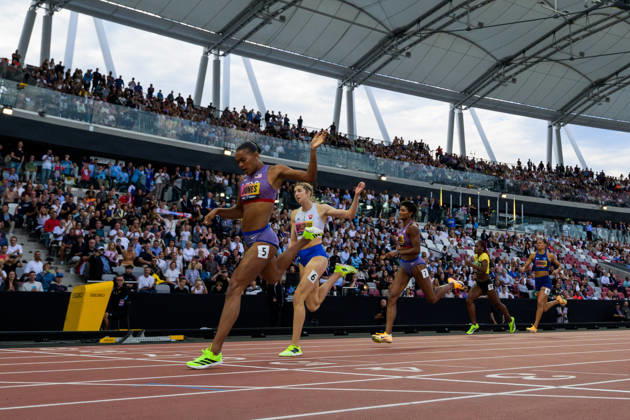 September 13, 2026: Anna Cockrell of the U.S., Emma Zapletalova of Slovakia, and Jasmine Jones of the U.S. compete in the women’s 400-meter hurdles final during the 2026 World Athletics Ultimate Championship on September 13, 2026 in Budapest. Photo: Joel Marklund. BILDBYRAN code: JM JM0852 bbeng track and field athletics friidrett 2026 World Athletics Ultimate Championship Budapest 26 women  Copyright: JOELxMARKLUND BB260913JM001