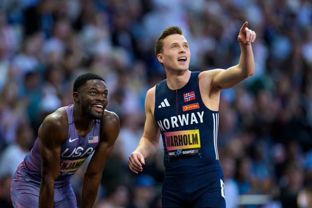 September 13, 2026: Rai Benjamin of the U.S. and Karsten Warholm of Norway after competing in the men’s 400-meter hurdles final during the 2026 World Athletics Ultimate Championship on September 13, 2026 in Budapest. Photo by Joel Marklund. BILDBYRAN code JM JM0852 bbeng track and field athletics friidrett 2026 World Athletics Ultimate Championship Budapest 26 Norway  Copyright: JOELxMARKLUND BB260913JM003