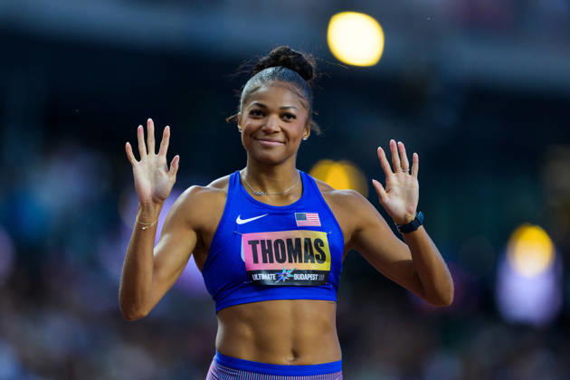 September 13, 2026: Gabrielle Thomas of the U.S. after competing in the women’s 200-meter semifinal during the 2026 World Athletics Ultimate Championship on September 13, 2026 in Budapest. Photo by Joel Marklund. BILDBYRAN code JM JM0852 bbeng track and field athletics friidrett 2026 World Athletics Ultimate Championship Budapest 26  Copyright: JOELxMARKLUND BB260913JM022