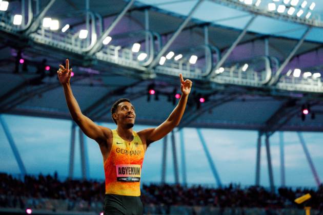 World Athletics Ultimate Championship, Budapest, September 13, 2026: Emil Agyekum (GER, SCC Berlin) celebrates with his arms raised at the World Athletics Ultimate Championships in Budapest on September 13, 2026 Copyright: xBEAUTIFULxSPORTS Flatemerschx